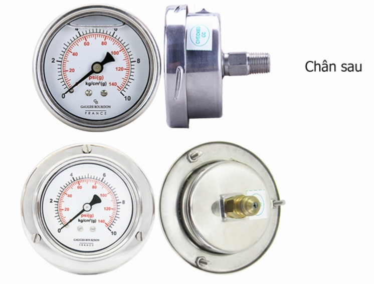 Đồng hồ áp suất chân sau có vành chân đồng, chân inox