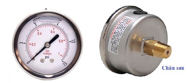 Đồng hồ đo áp suất kết nối chân đứng, chân sau