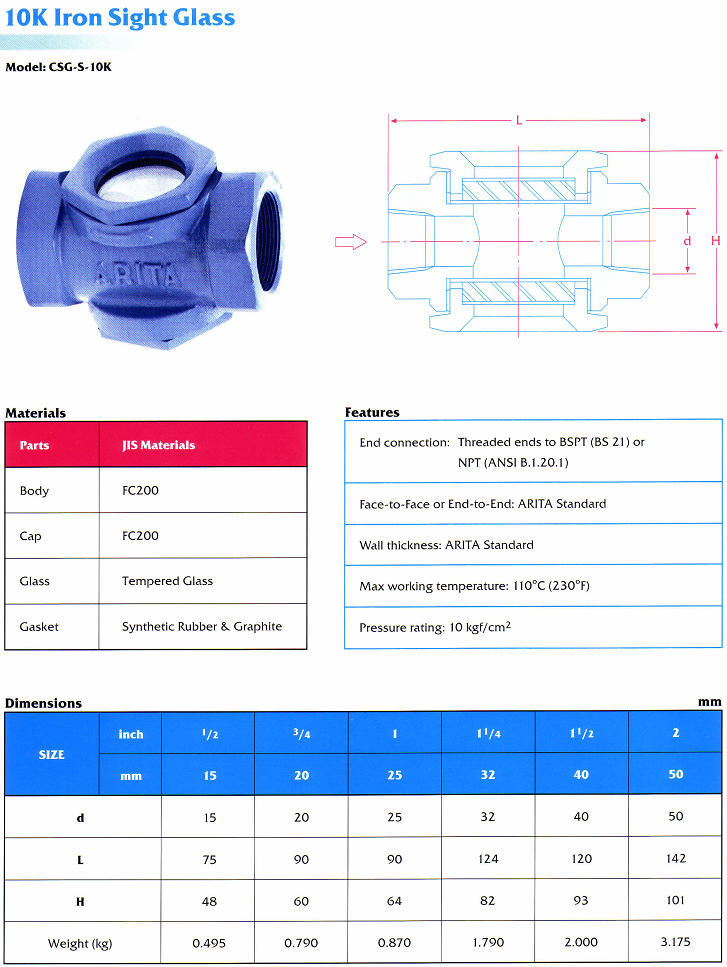 Kính thủy gang thép Arita lắp ren jis 10k model CSG-S-10K