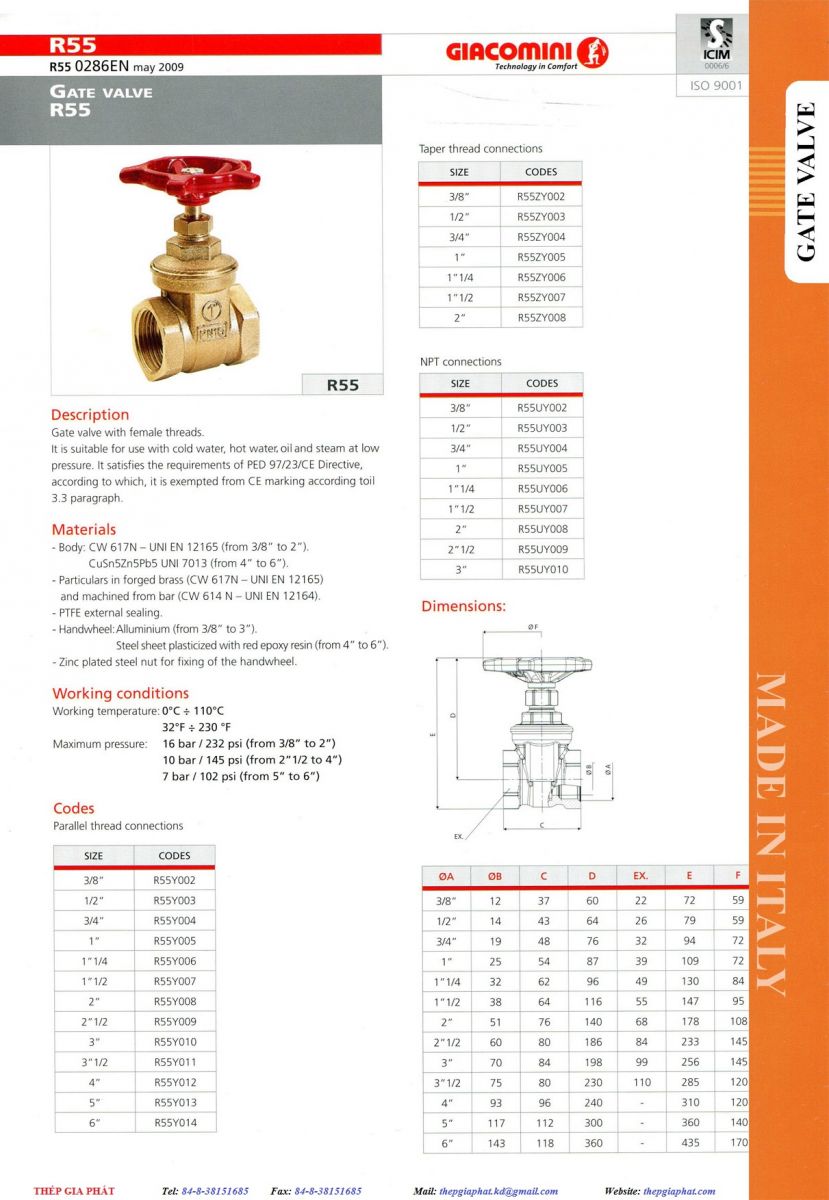 Thông số của van cửa Giacomini R55