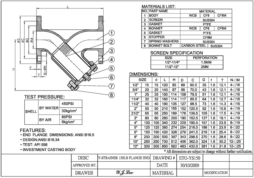 Thông số kỹ thuật Y lọc Inox lắp bích trung quốc.