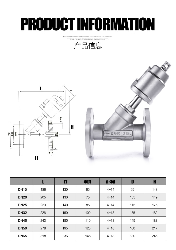 Thông số kỹ thuật Van Y xiên điều khiển khí nén kết nối bích .