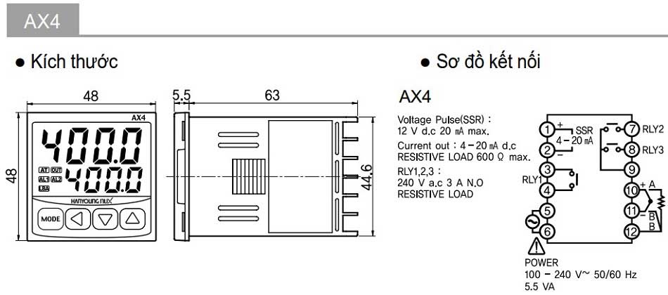 Thông số kỹ thuật bộ điều khiển nhiệt độ AX4 - 1A.