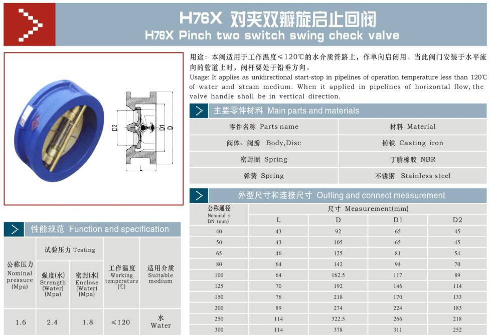 Bảng thông số kỹ thuật của Van 1 Chiều Bướm Trung Quốc H76X